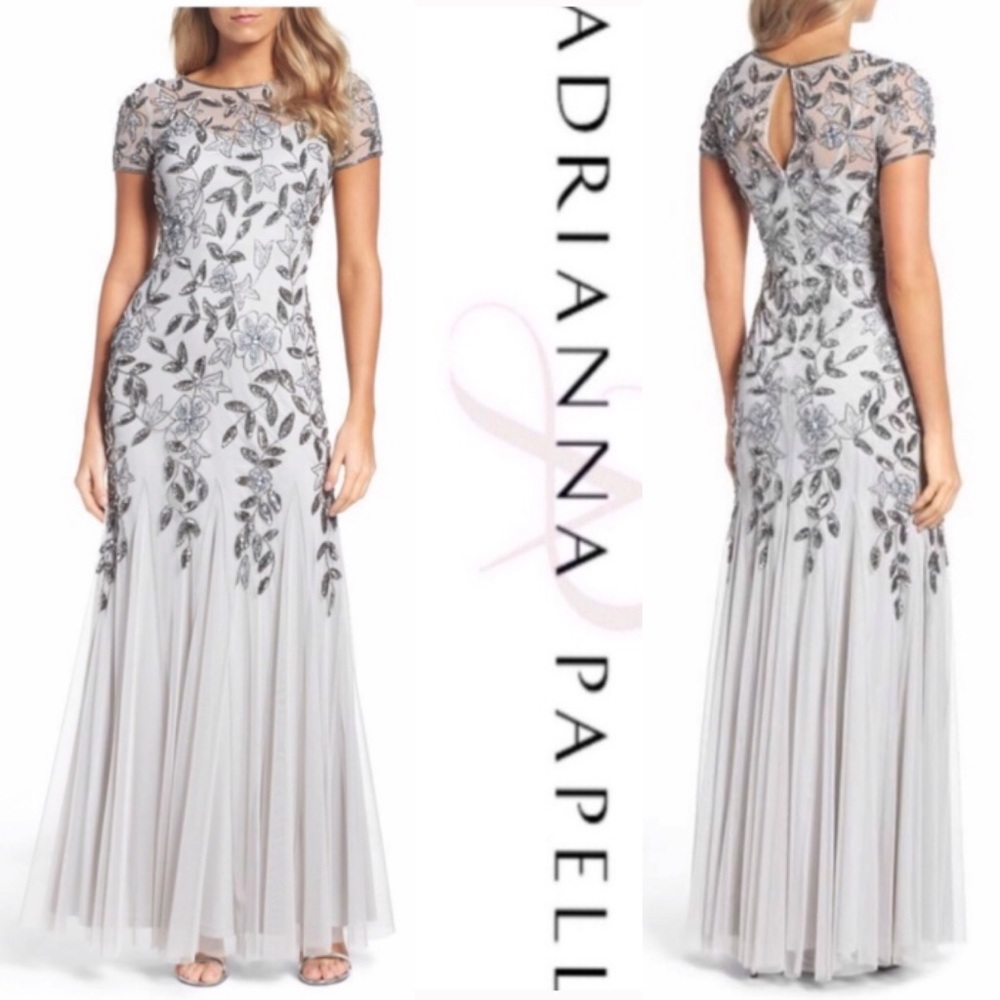 Adrianna Papell floral beaded godet short sleeves long gown